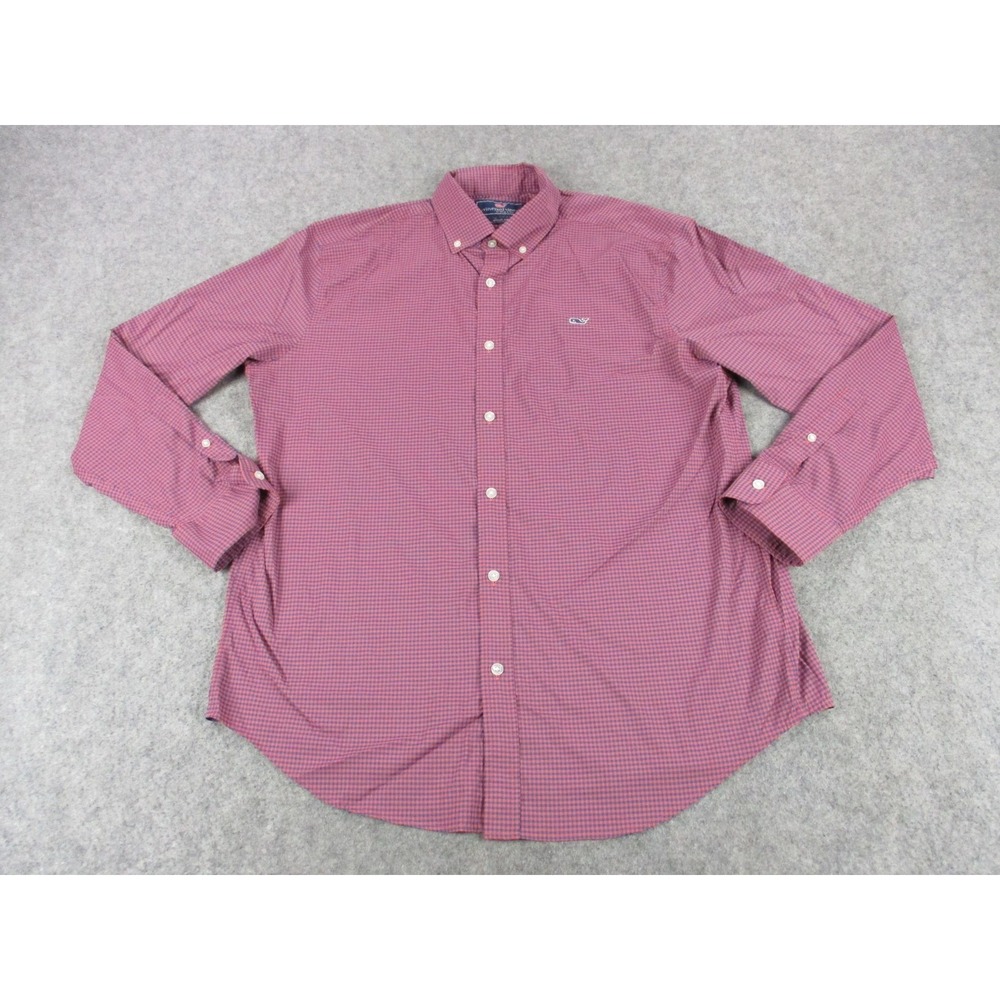 Vineyard Vines Shirt Mens Large Red Blue Gingham Button Down Stretch Whale